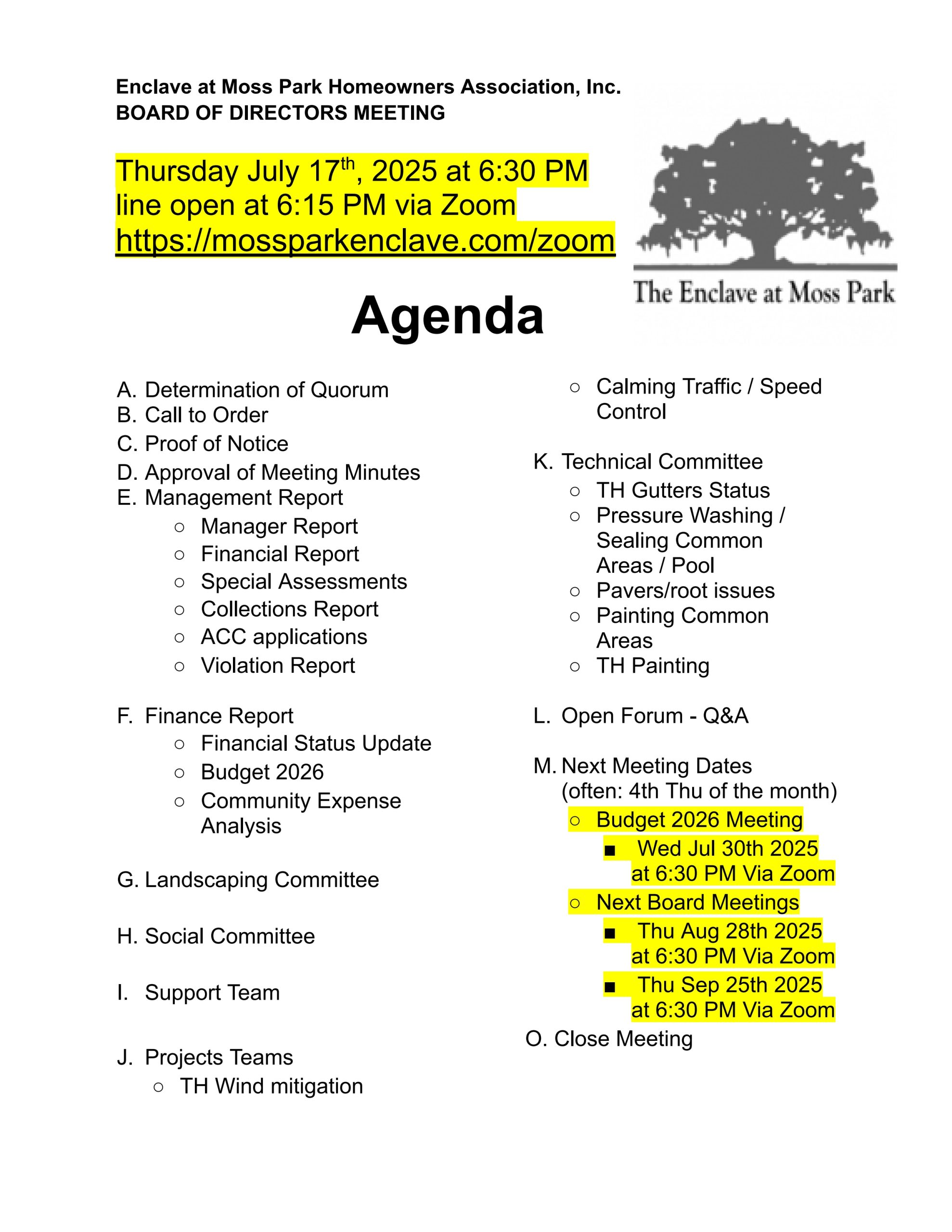 250717 - HOA Board Meeting July 2025 - Agenda DRAFT KIOSKS v1 17jul25