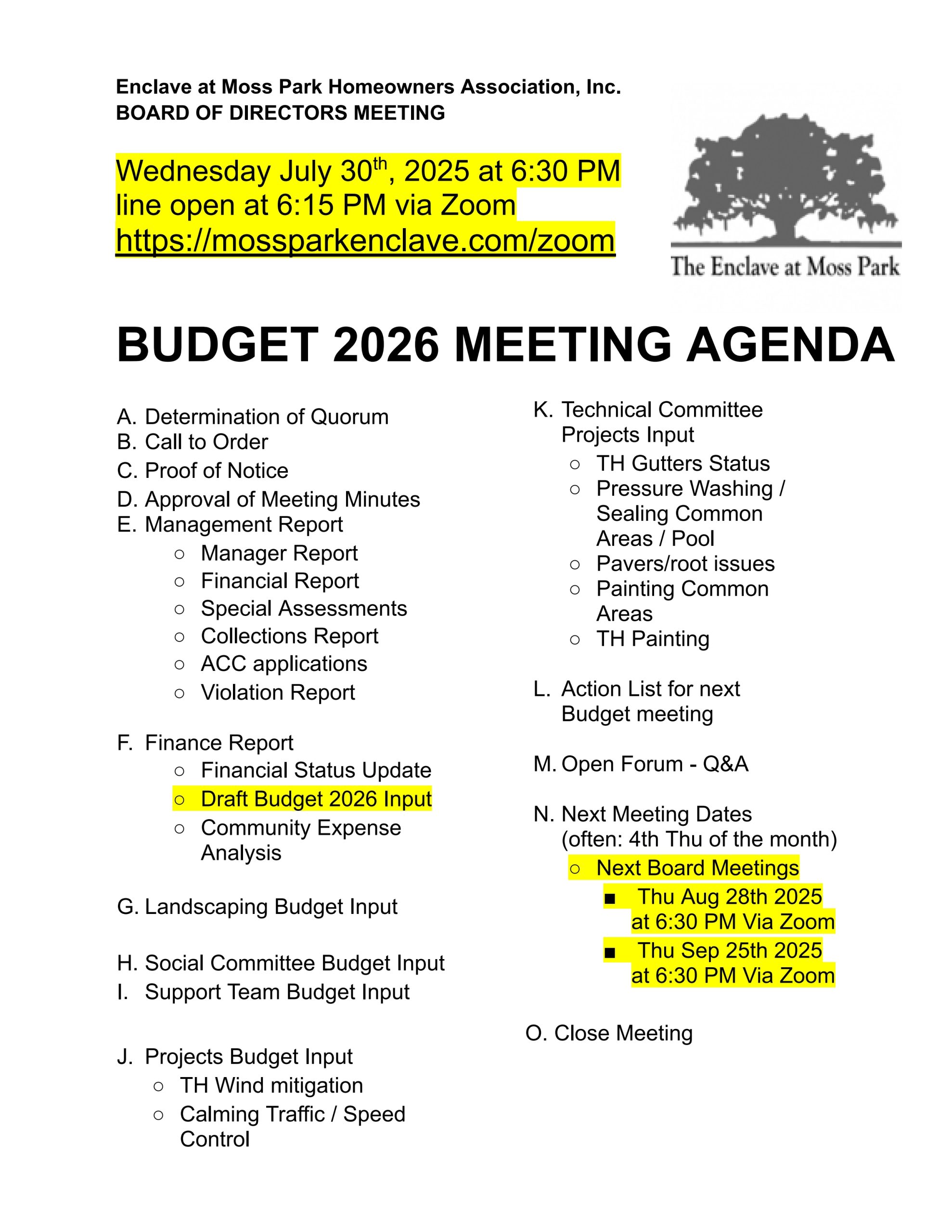 250730 - HOA BUDGET Meeting July 2025 - Agenda DRAFT KIOSKS v1 30jul25